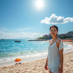 An image of a person standing on the beach in China, showcasing a picturesque scenery