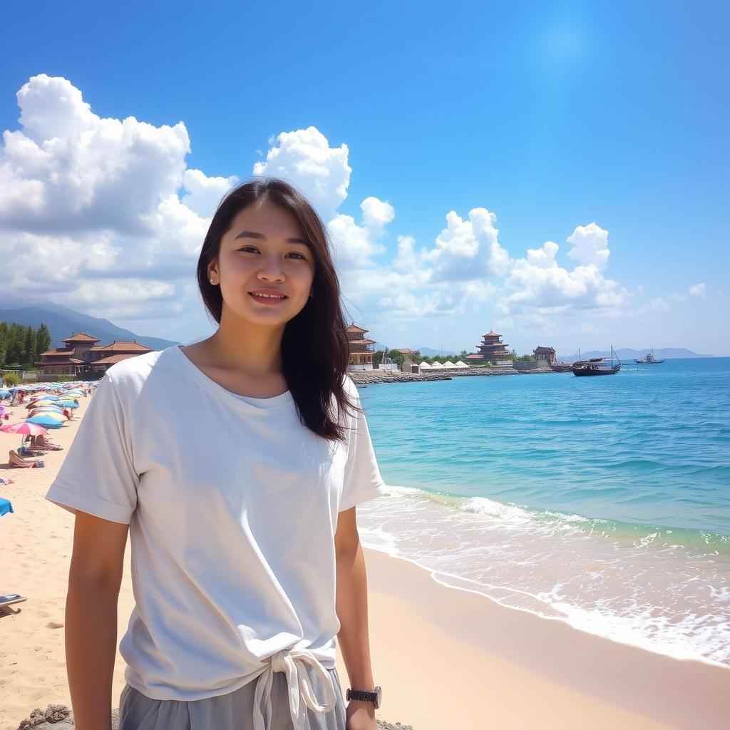 An image of a person standing on the beach in China, showcasing a picturesque scenery