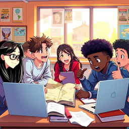 A vibrant and dynamic anime-inspired illustration depicting a diverse group of students engaged in a social science project