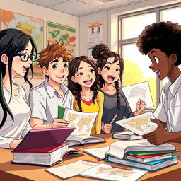 A vibrant and dynamic anime-inspired illustration depicting a diverse group of students engaged in a social science project