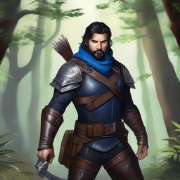 A high-quality digital art piece featuring a rugged ranger with striking blue eyes and black hair, sporting a stubble beard