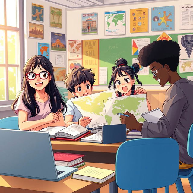 A vibrant and dynamic anime-inspired illustration depicting a diverse group of students engaged in a social science project