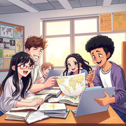 A vibrant and dynamic anime-inspired illustration depicting a diverse group of students engaged in a social science project