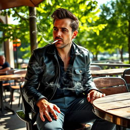 A man sitting casually while smoking a cigarette, enveloped in wisps of smoke