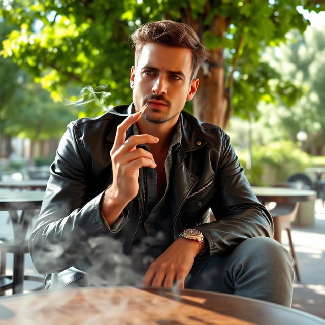 A man sitting casually while smoking a cigarette, enveloped in wisps of smoke