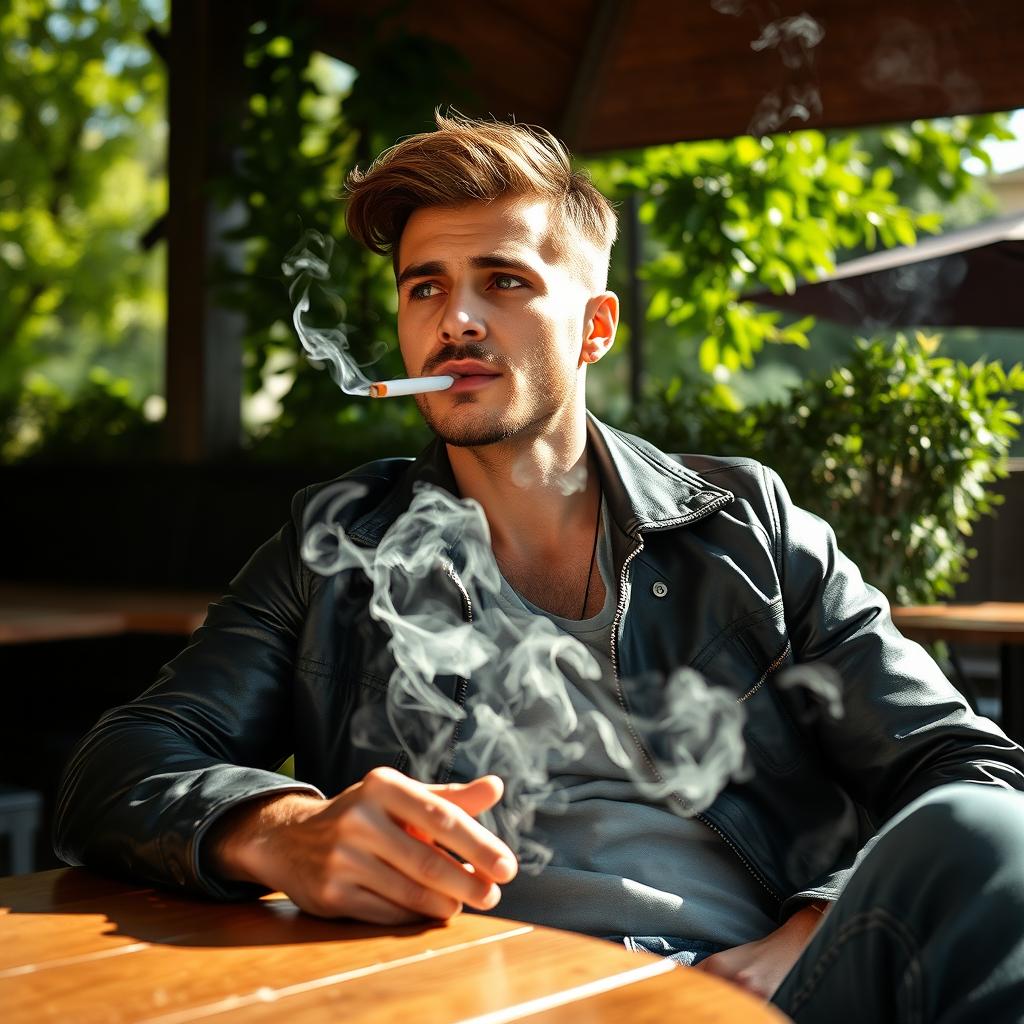 A man sitting casually while smoking a cigarette, enveloped in wisps of smoke