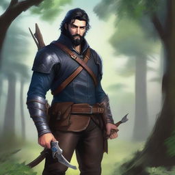 A high-quality digital art piece featuring a rugged ranger with striking blue eyes and black hair, sporting a stubble beard