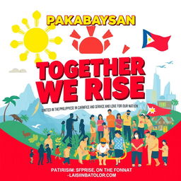 A vibrant and motivational poster emphasizing the theme of Patriotism in the Philippines, showcasing the concepts of 'Makabayan' (nationalism) and 'Bayanihan' (community spirit)