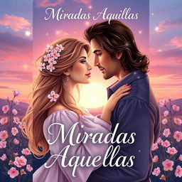 An enchanting book cover for a romance novel titled "Miradas Aquellas"