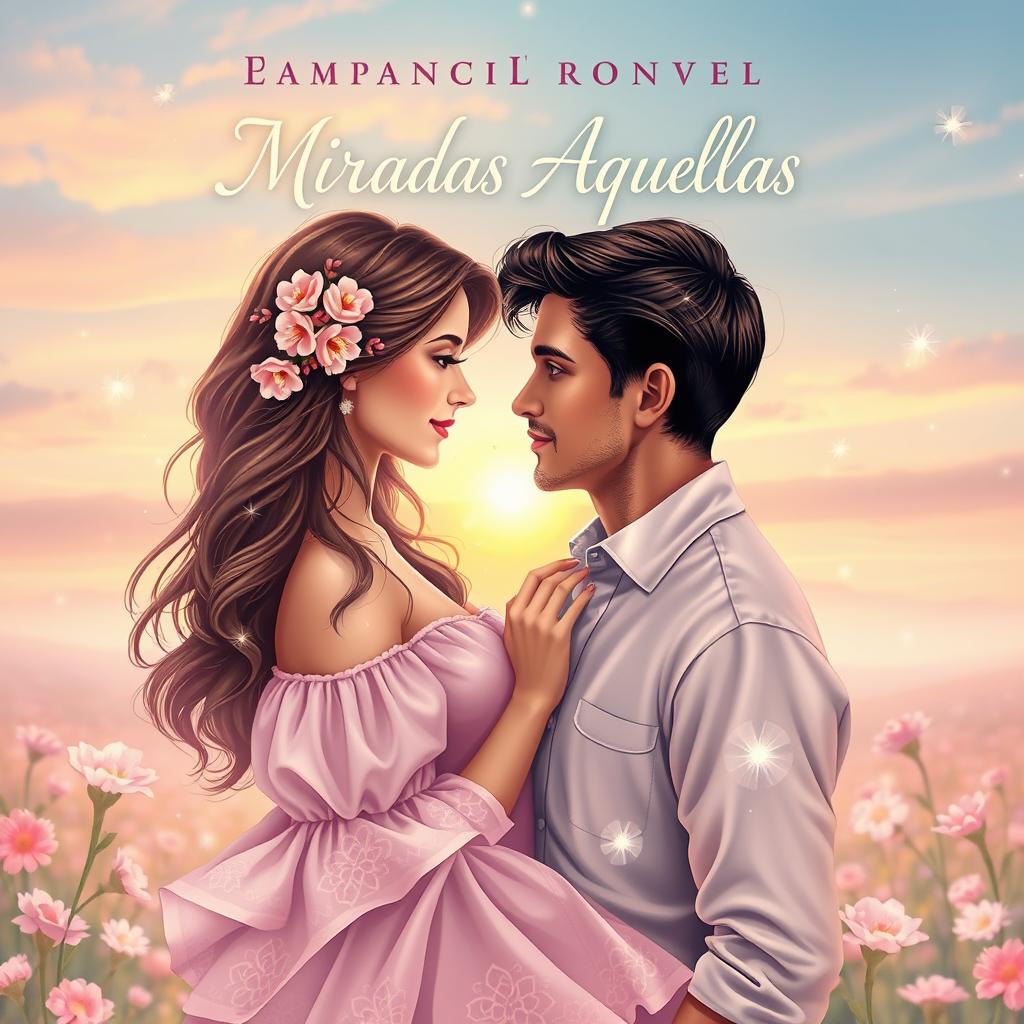 An enchanting book cover for a romance novel titled "Miradas Aquellas"