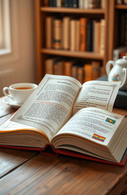 A beautifully designed hardcover grammar book, featuring an elegant cover with intricate typography and colorful illustrations
