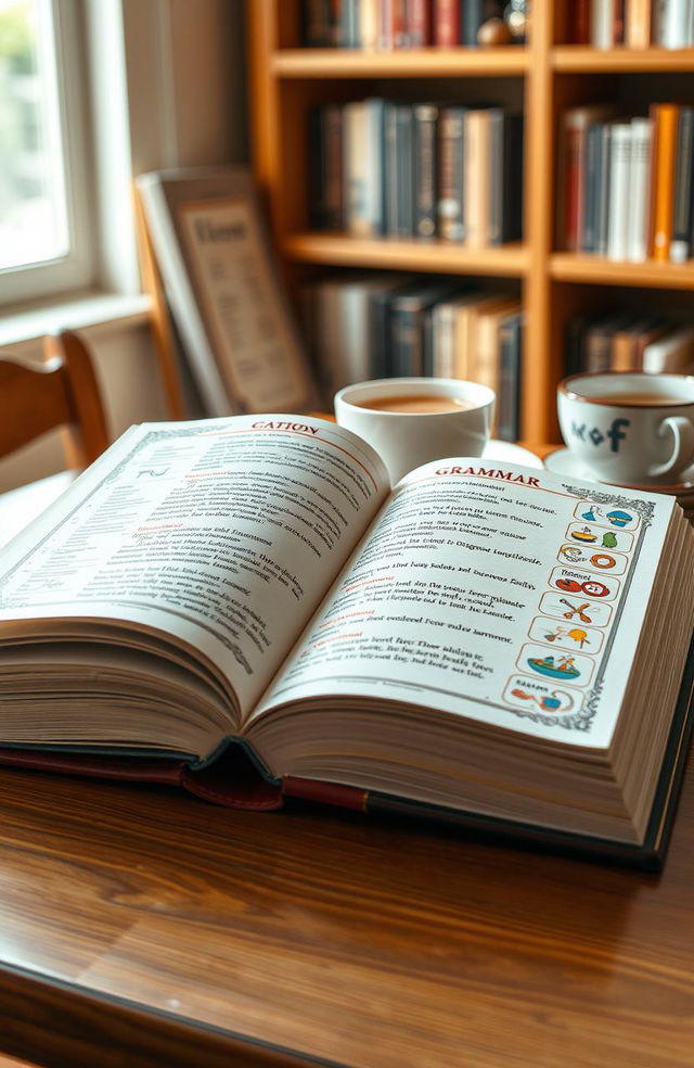 A beautifully designed hardcover grammar book, featuring an elegant cover with intricate typography and colorful illustrations