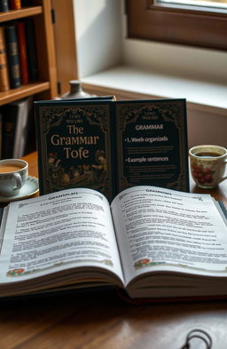 A beautifully designed hardcover grammar book, featuring an elegant cover with intricate typography and colorful illustrations