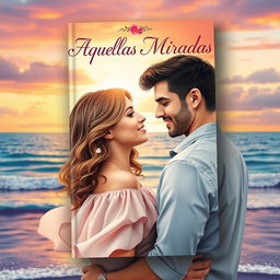 An enchanting book cover for a romance novel titled "Aquellas Miradas"