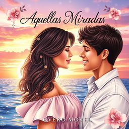 An enchanting book cover for a romance novel titled "Aquellas Miradas"