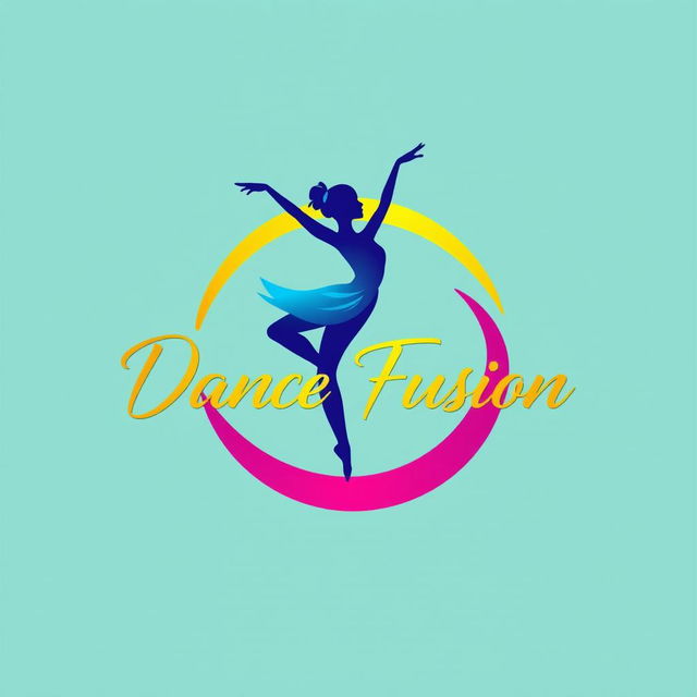 A vibrant and dynamic logo design for a dance studio, featuring a silhouette of a dancer in an elegant pose