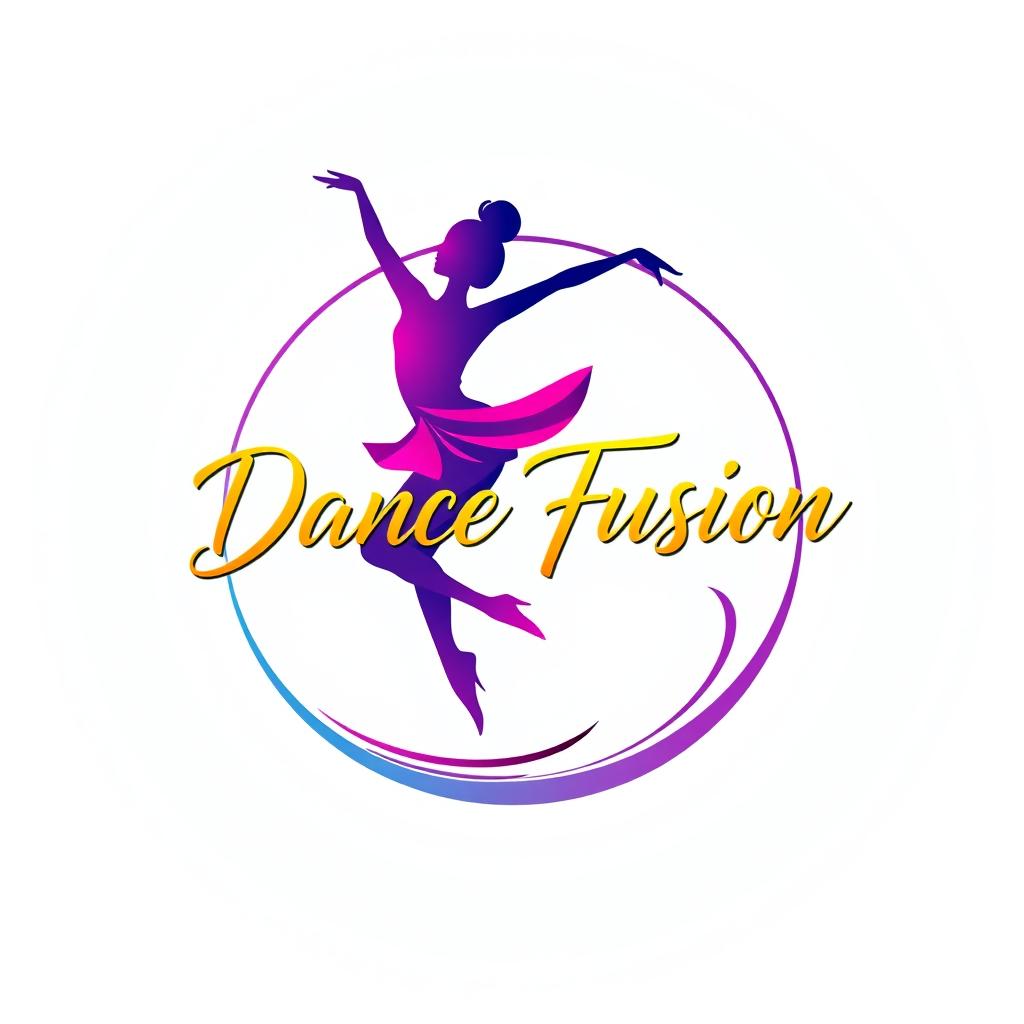 A vibrant and dynamic logo design for a dance studio, featuring a silhouette of a dancer in an elegant pose