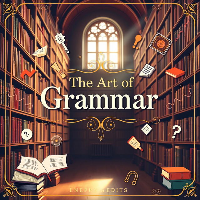 A beautifully designed grammar book cover featuring ornate typography and vibrant colors