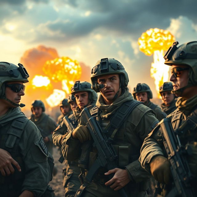 A group of soldiers in a vibrant, dynamic battlefield setting, wearing modern military gear, displaying camaraderie and teamwork