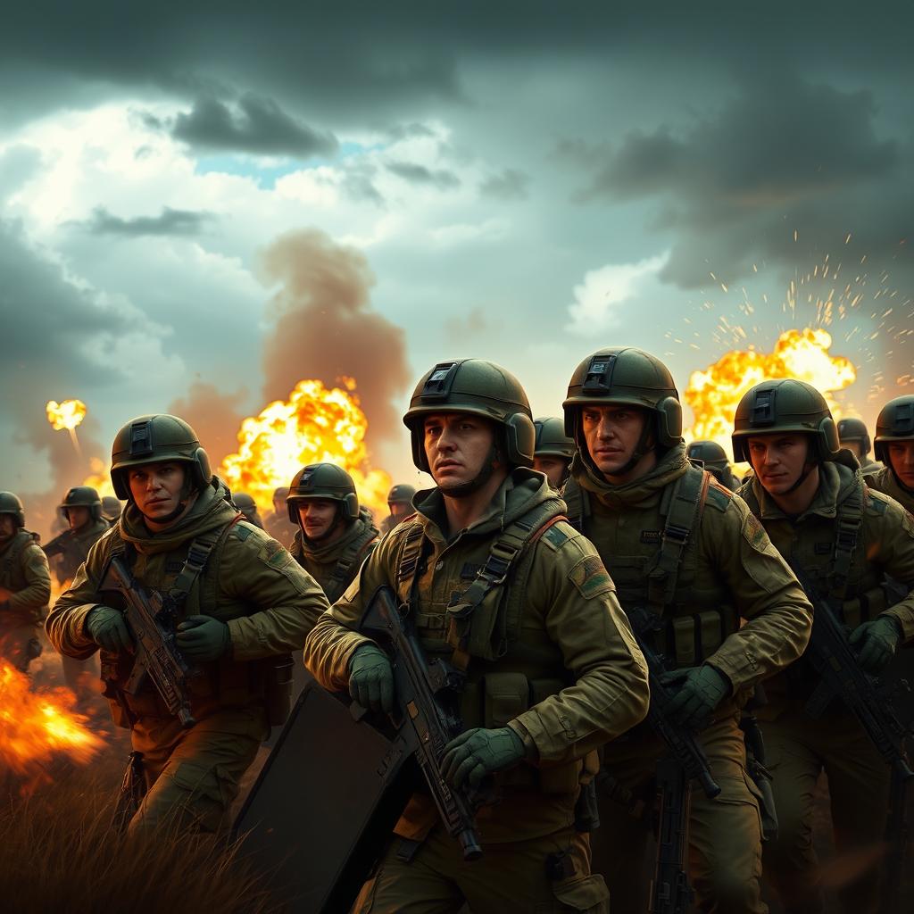 A group of soldiers in a vibrant, dynamic battlefield setting, wearing modern military gear, displaying camaraderie and teamwork