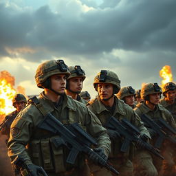 A group of soldiers in a vibrant, dynamic battlefield setting, wearing modern military gear, displaying camaraderie and teamwork