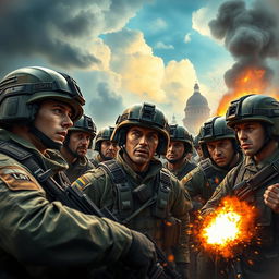 A group of soldiers in a vibrant, dynamic battlefield setting, wearing modern military gear, displaying camaraderie and teamwork