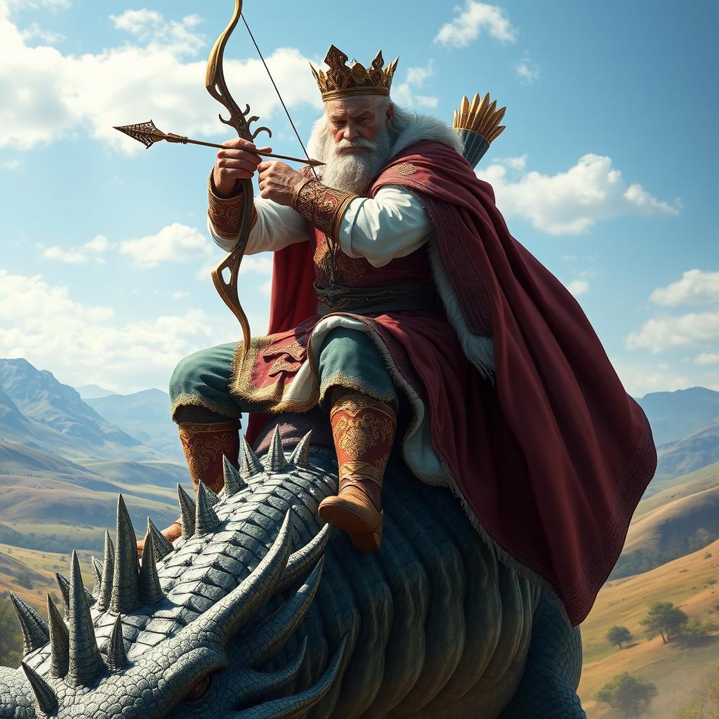 A majestic king sitting confidently on the back of a draconic creature, showcasing an impressive figure with ornate royal attire