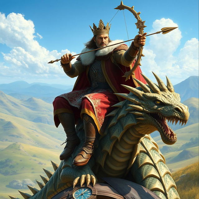 A majestic king sitting confidently on the back of a draconic creature, showcasing an impressive figure with ornate royal attire