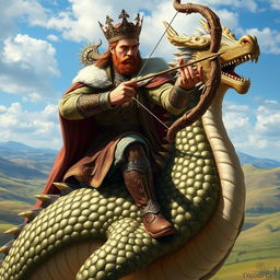 A majestic king sitting confidently on the back of a draconic creature, showcasing an impressive figure with ornate royal attire