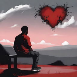 A digital art of a heartbroken black man sitting on a bench, enveloped by ominous black and red, thorny horns