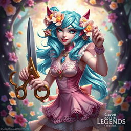 A vibrant portrait of Gwen from League of Legends, depicted as a lively character with a whimsical style