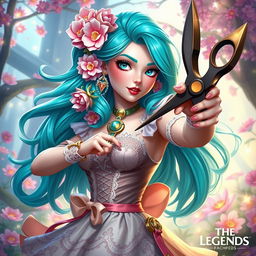A vibrant portrait of Gwen from League of Legends, depicted as a lively character with a whimsical style