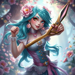 A vibrant portrait of Gwen from League of Legends, depicted as a lively character with a whimsical style