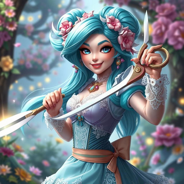 A vibrant portrait of Gwen from League of Legends, depicted as a lively character with a whimsical style