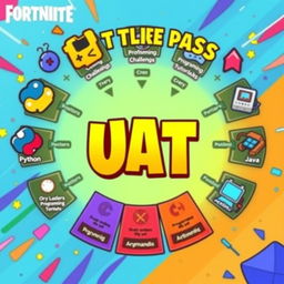 A vibrant and colorful battle pass inspired by Fortnite, themed around programming