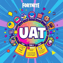 A vibrant and colorful battle pass inspired by Fortnite, themed around programming