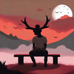 A digital art of a heartbroken black man sitting on a bench, enveloped by ominous black and red, thorny horns