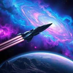 A captivating space exploration scene featuring a sleek, futuristic spacecraft soaring through a vibrant nebula filled with swirling colors of blue, purple, and pink