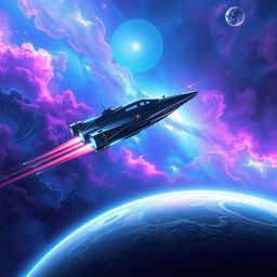 A captivating space exploration scene featuring a sleek, futuristic spacecraft soaring through a vibrant nebula filled with swirling colors of blue, purple, and pink