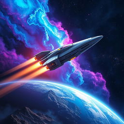 A captivating space exploration scene featuring a sleek, futuristic spacecraft soaring through a vibrant nebula filled with swirling colors of blue, purple, and pink