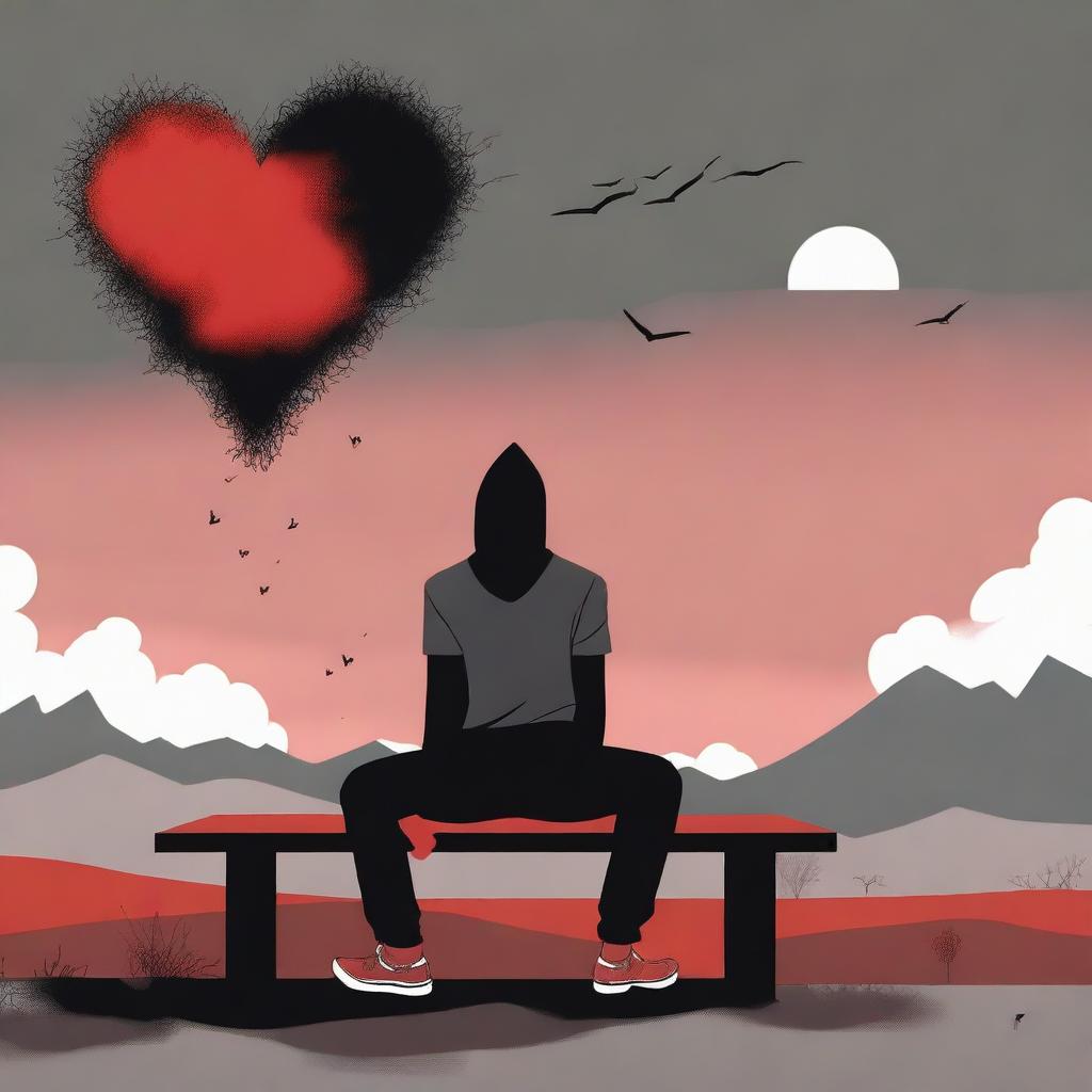 A digital art of a heartbroken black man sitting on a bench, enveloped by ominous black and red, thorny horns