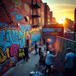 A vibrant urban scene filled with captivating graffiti art on brick walls, showcasing a fusion of colors like bright blues, yellows, and reds