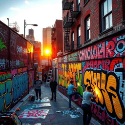 A vibrant urban scene filled with captivating graffiti art on brick walls, showcasing a fusion of colors like bright blues, yellows, and reds