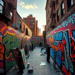 A vibrant urban scene filled with captivating graffiti art on brick walls, showcasing a fusion of colors like bright blues, yellows, and reds