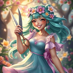 A joyful portrait of Gwen from League of Legends, radiating happiness and positivity