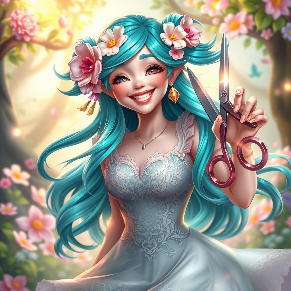 A joyful portrait of Gwen from League of Legends, radiating happiness and positivity