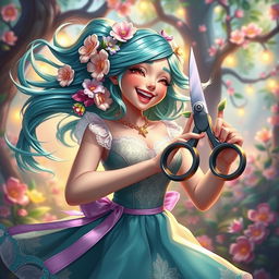 A joyful portrait of Gwen from League of Legends, radiating happiness and positivity