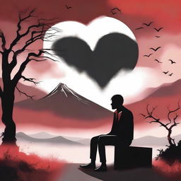 A digital art of a heartbroken black man sitting on a bench, enveloped by ominous black and red, thorny horns