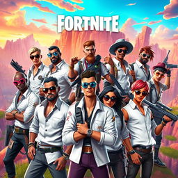 A dynamic group of Fortnite characters depicted as masters wearing stylish white shirts