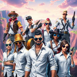 A dynamic group of Fortnite characters depicted as masters wearing stylish white shirts